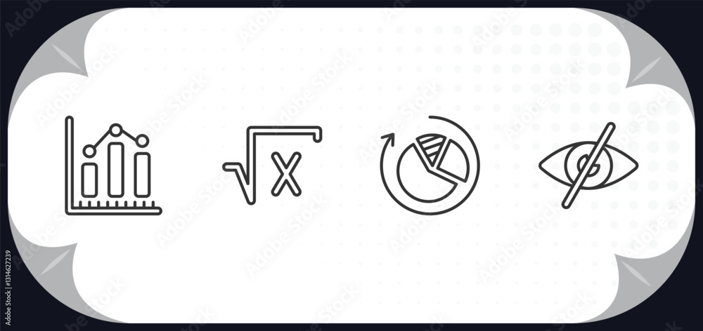 Poster outline icons set - user interface concept. data analytics bars, square root, reload pie chart, hidd