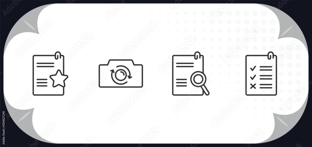 Poster outline icons set - user interface concept. documents with a star, switch camera, search file, rule.