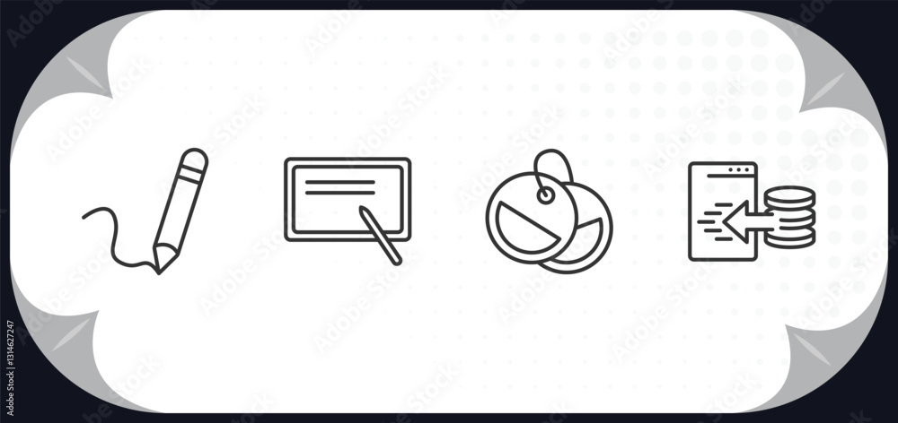 Poster outline icons set - user interface concept. pen writing a line, blackboard with, labels, data import