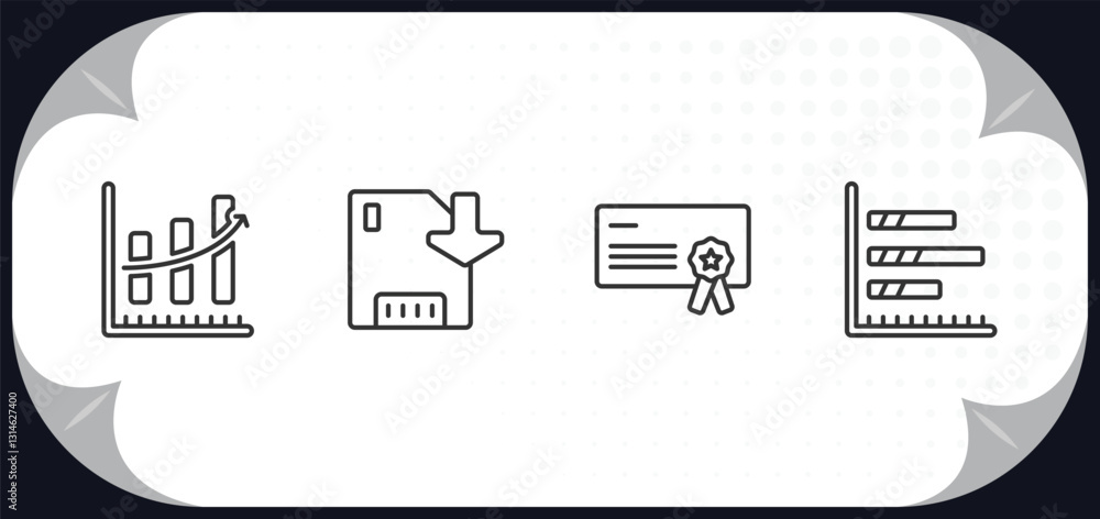 Poster outline icons set - user interface concept. increasing data, save, rectangular certificate, bars cha