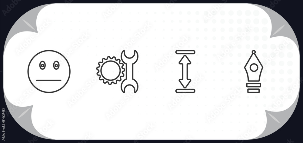 Poster outline icons set - user interface concept. sceptic smile, work tools, height, delete anchor point.