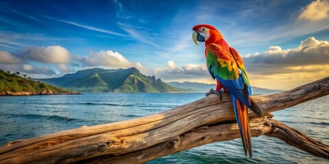 Vibrant Scarlet Macaw Perched on Driftwood Against a Serene Ocean and Mountain Vista at Sunset