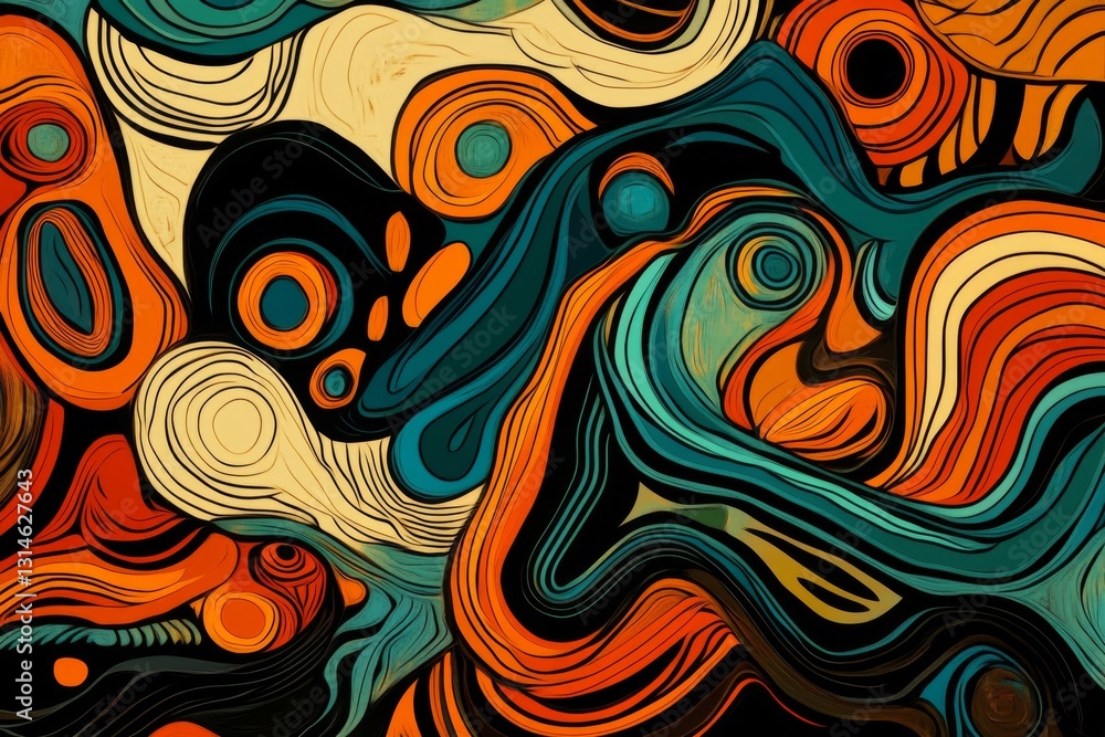Poster vibrant abstract digital art with chaotic shapes in dynamic composition on bold black background