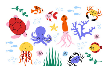 Colorful marine life set with turtle, octopus, squid, jellyfish, crabs, fish, seaweed, coral, and shells. Perfect for kids, ocean themes, education, summer designs, and stickers.