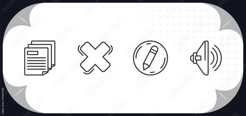 Poster outline icons set - user interface concept. multiple file, cross, edit button, high volume loudspeak