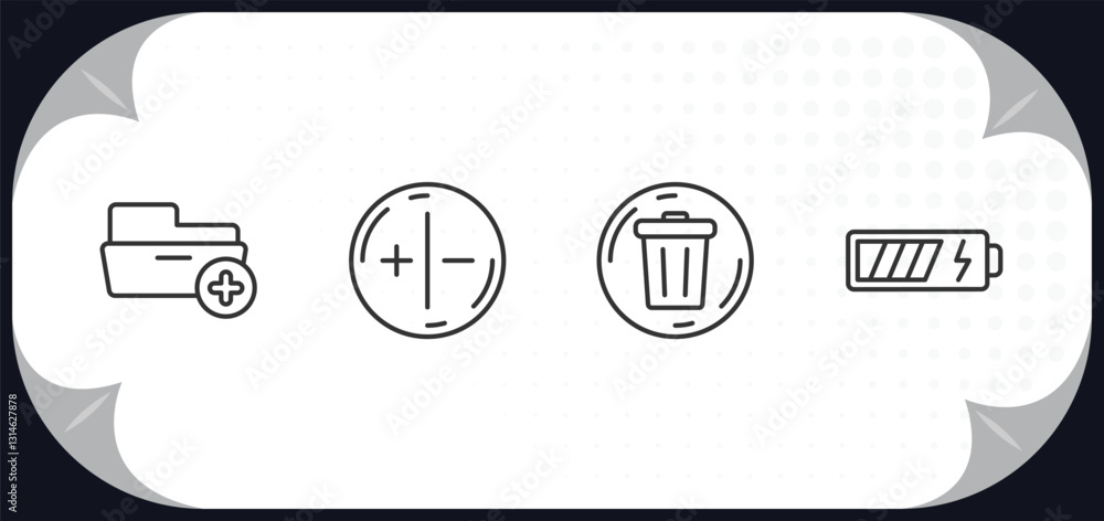 Poster outline icons set - user interface concept. add folder button, white balance, delete round button, battery medium charge.