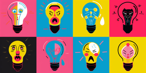 Colorful graphic of expressive light bulbs representing different emotions and moods