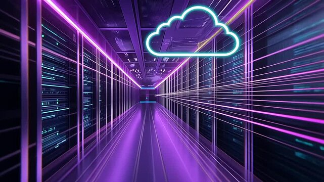 A cloud icon emerging above a futuristic data center, with light beams extending from it to the servers below, symbolizing the ongoing migration from legacy systems to cloud comput