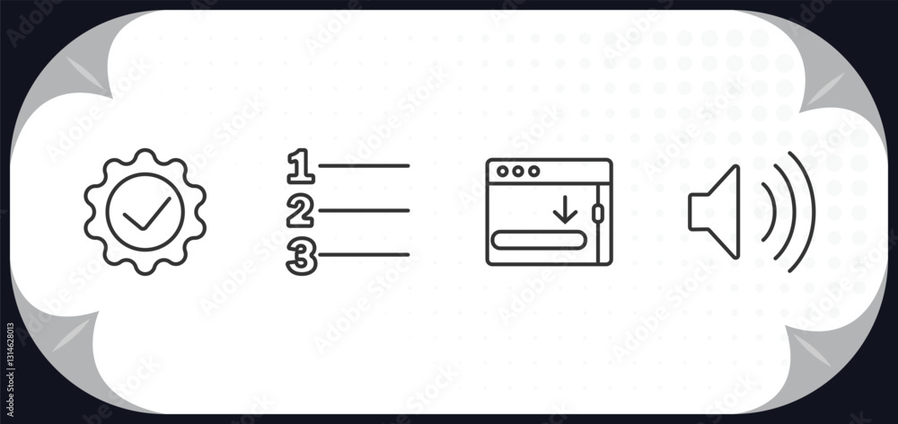 Aufkleber outline icons set - user interface concept. right tings, numbering, window scrolling right, sound on