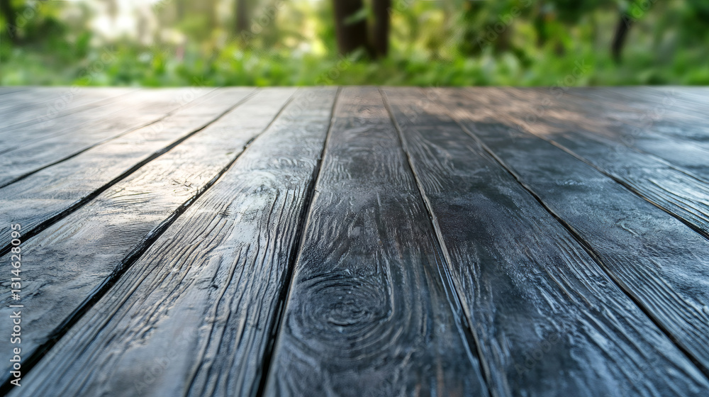 Aufkleber dark wooden planks extending into a blurred green forest backdrop, creating a serene setting for pro