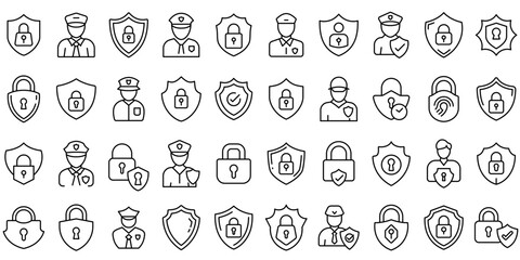 Editable stroke icons of security guards, padlocks and shields, representing safety, protection and privacy. Vector illustration