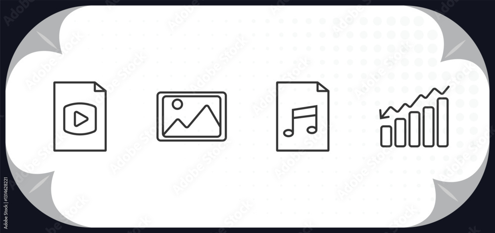 Poster outline icons set - user interface concept. video file, insert picture, music file, decreasing bars 