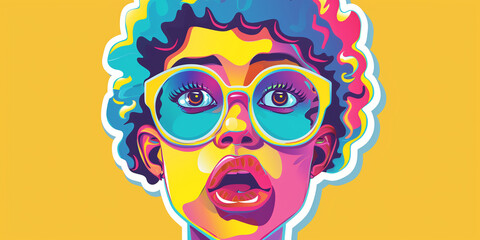 Vibrant pop art portrait of a surprised woman with curly hair and oversized glasses
