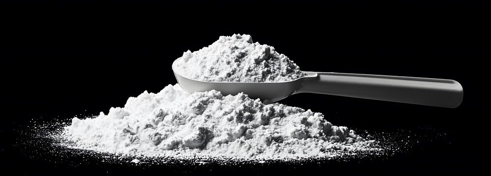 A heap of white protein powder with a scoop resting on top on an isolate background