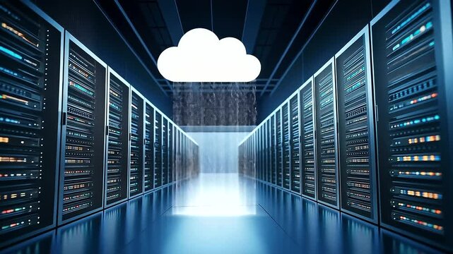 A digital cloud above a row of server racks, with data flowing from the physical servers to the cloud, representing the digital transformation and the shift to cloud-based storage.