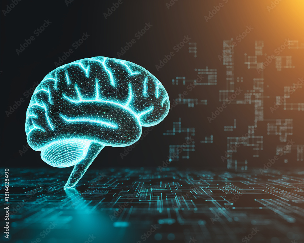 Poster cyan digital brain model on dark circuit background, showcasing artificial intelligence, neural netw