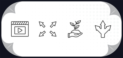 outline icons set - user interface concept. movie play button, size, hand and sprout, three arrows.