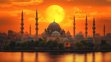 Obraz premium Majestic Mosque Silhouette Against a Fiery Sunset with a Full Moon in the Sky
