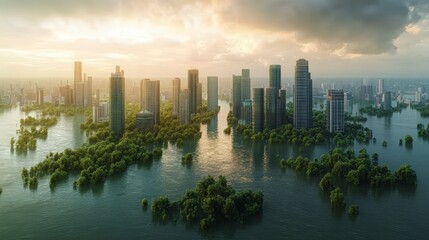 Fototapeta premium Flooded City At Sunset Aerial View Of Submerged Buildings And Lush