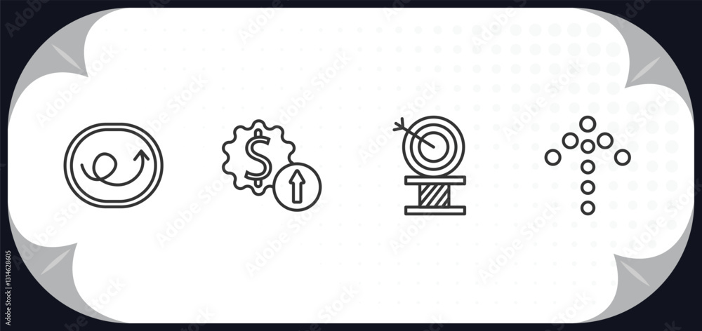 Poster outline icons set - user interface concept. right loop arrow, improve incomes, archery champion, dot