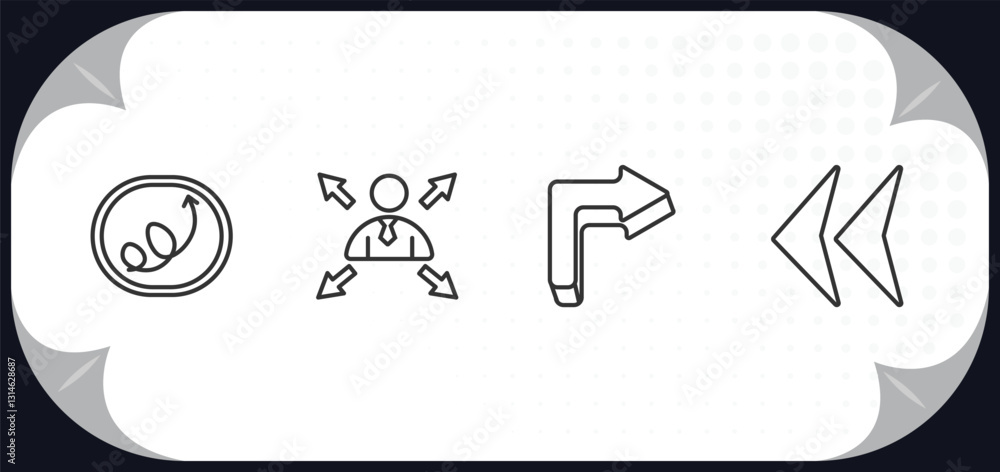 Poster outline icons set - user interface concept. scribble right arrow, multitasking worker, 3d turn right