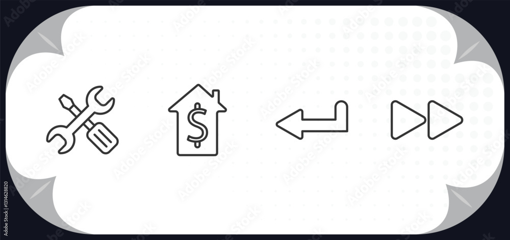 Poster outline icons set - user interface concept. mechanic tool, house value, return left arrow, forward b