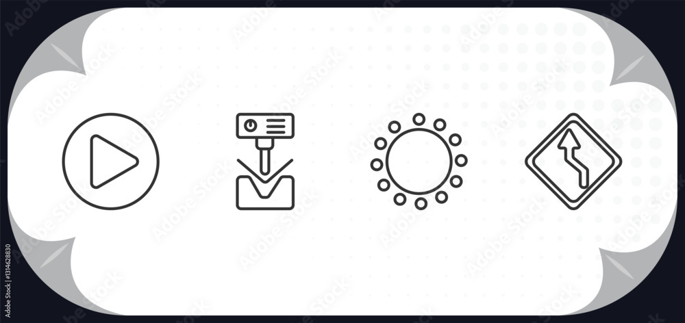 Poster outline icons set - user interface concept. right arrow play button, bending, selectioned circle, le