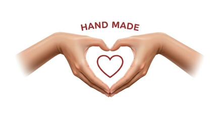 Fototapeta premium Isolated Hands Making Heart Shape with 'Hand Made' Text