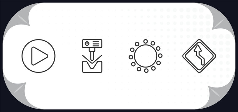 outline icons set - user interface concept. right arrow play button, bending, selectioned circle, left reverse curve.