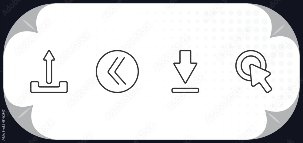 Poster outline icons set - user interface concept. upload button, double arrows, big download arrow, mouse 