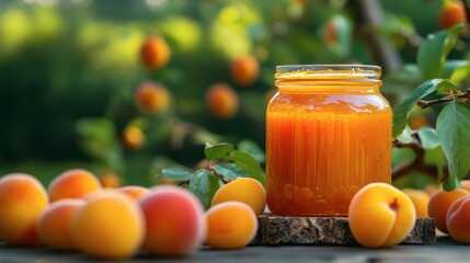 Glass jar of apricot jam with fresh apricots around it, homemade preserves concept