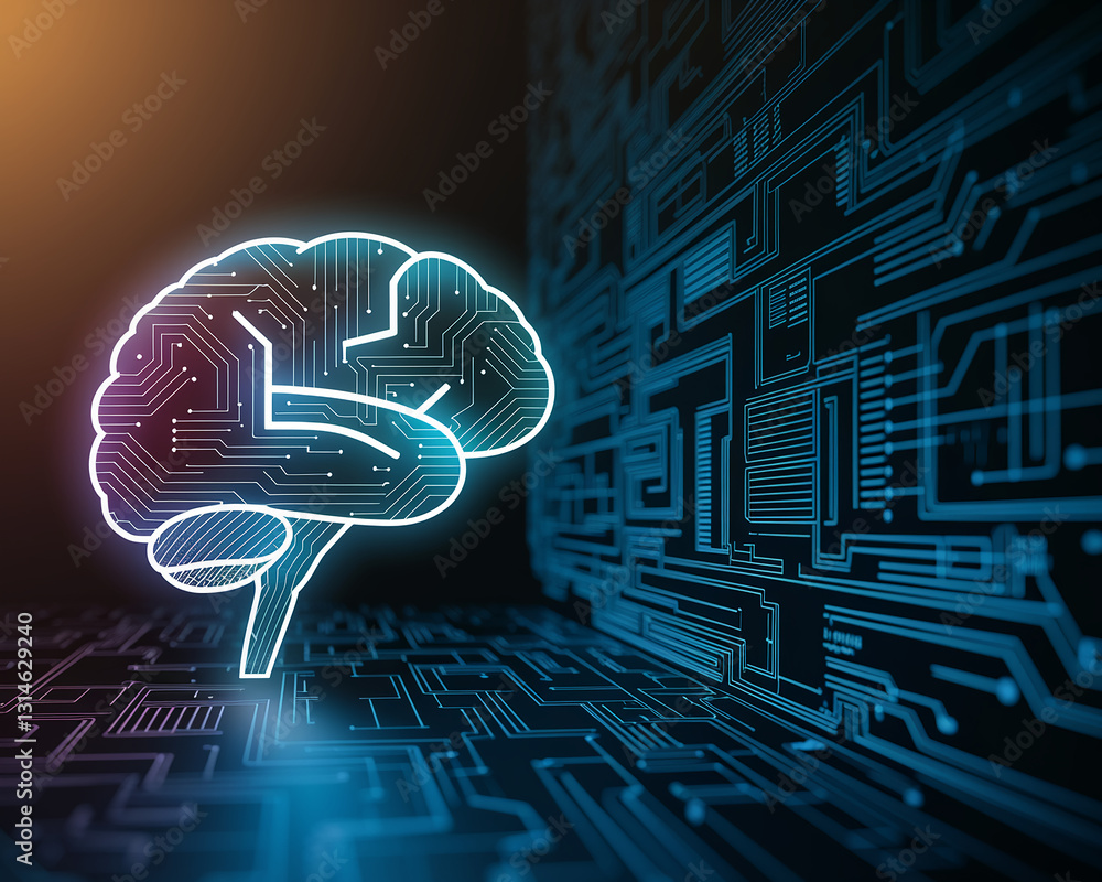 Poster glowing brain circuit design on a dark technological background, symbolizing artificial intelligence
