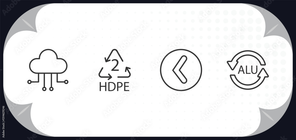 Poster outline icons set - user interface concept. cloud with connection, hdpe 2, round left button, alu.