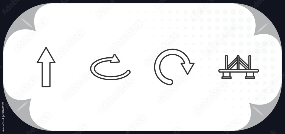 Poster outline icons set - user interface concept. pointing up arrow, loop arrow, redo arrow, bridge.