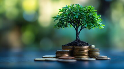 Green Tree Growing From Gold Coins On Dark Surface Description A lush