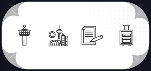 outline icons set - travel concept. control tower, , claim, suitcases.