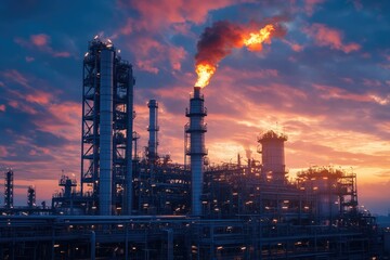 Obraz premium Industrial Sunset: Refinery Towers with Dramatic Sky and Flame