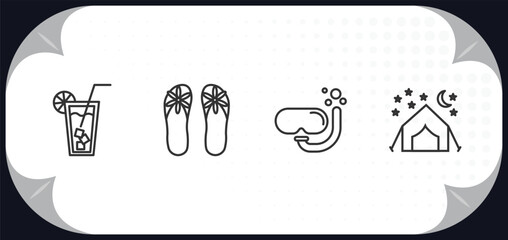 outline icons set - travel concept. lemonade, flip flop, scuba diving, camping tent.