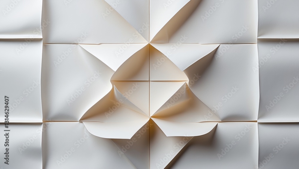 Aufkleber close-up view of empty paper folded into eight sections, texture background.