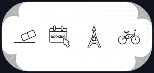 outline icons set - travel concept. rubber, booking, eiffel tower, bike.