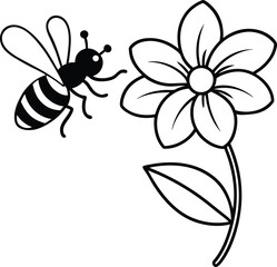  Bee flying near a flower silhouette illustration.