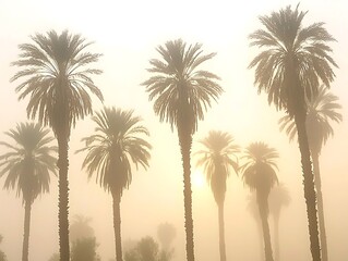 A calming countryside scene with palm trees outlined against the warm golden hues of the setting sun, creating a peaceful atmosphere in the fading light