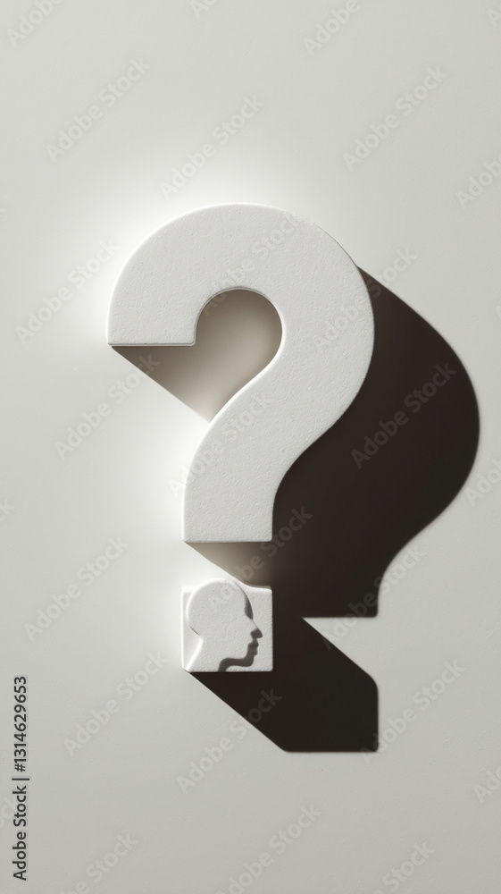 Poster white large question mark and head profile, cast shadows on white background, showcasing concept of 