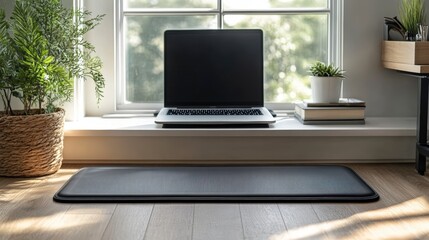 Fototapeta premium Laptop And Plants On Wooden Desk By Window Near Bookshelf And Matted