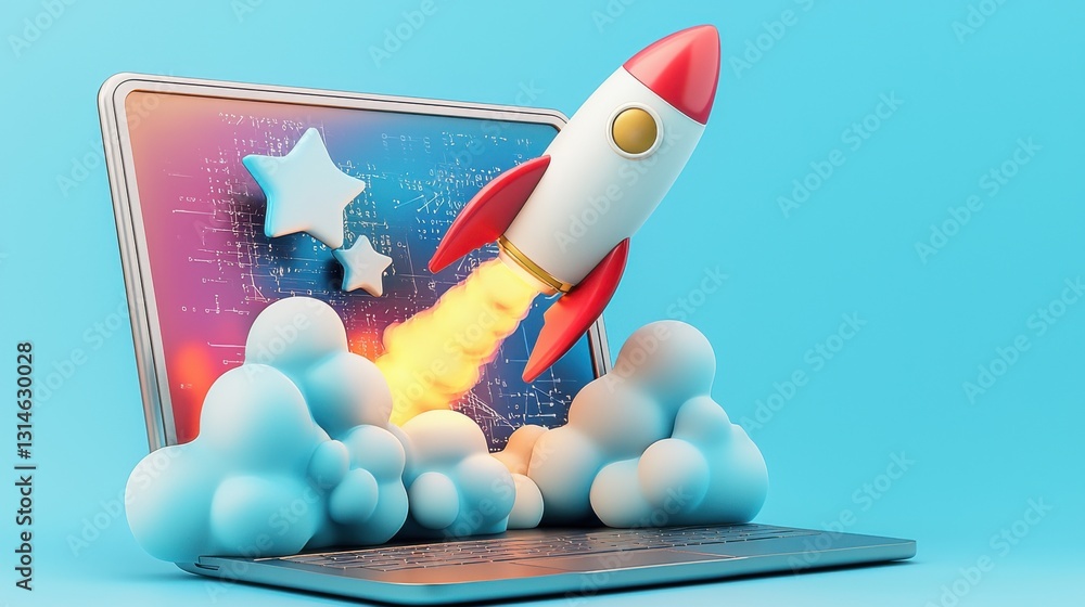 Poster futuristic 3d rendering of a powerful rocket launching from a laptop display surrounded by vibrant c