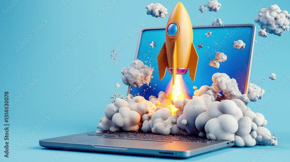 Poster rocket launch emerging from laptop computer screen symbolizing the power of startup innovation techn