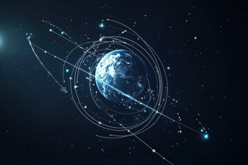 Obraz premium Satellite in circular orbit around Earth with visible gravitational forces and direction arrows