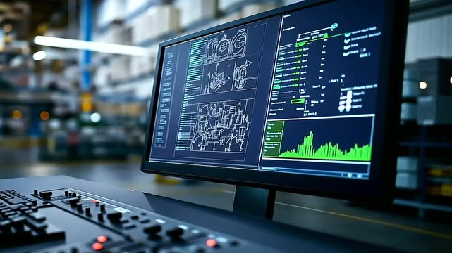 A detailed shot of a control room in an oil and gas facility with pipelines and valves in the background, showcasing the integration of technology and infrastructure in energy prod
