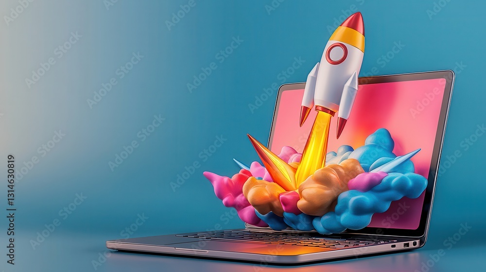 Poster rocket launching from the display of a laptop computer symbolizing the power of digital innovation t