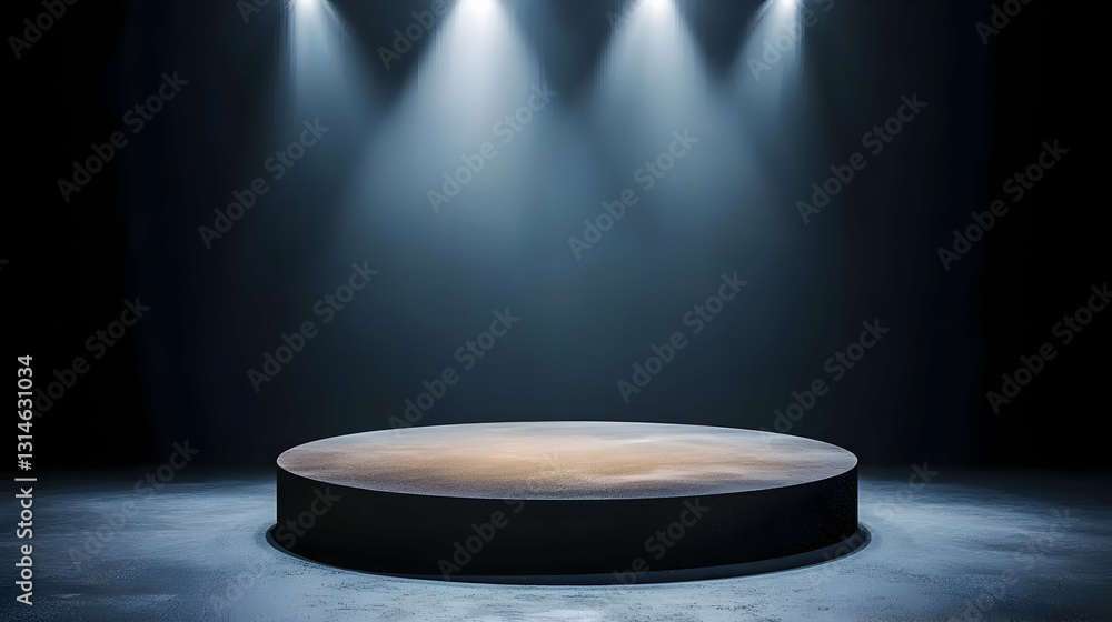 Poster illuminated circular stage in dark room with spotlights ideal for product display presentation or pe